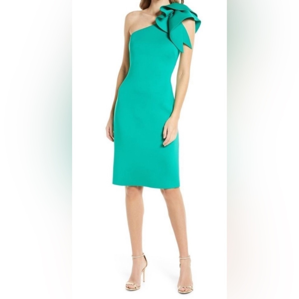 Eliza‎ J One Shoulder Ruffle Turquoise Scuba Dress Size 6 NWT